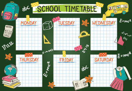 Template school timetable for students or pupils. Vector Illustration includes many hand drawn elements of school supplies and chalkboard background space theme. Vector illustrationのイラスト素材