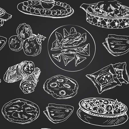 Middle eastern food menu doodle icons on chalkboard. Vector illustrationのイラスト素材