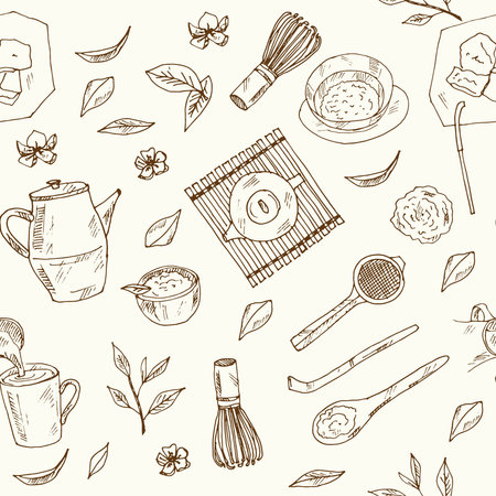 Matcha tea Japanese traditions menu doodle icons on chalkboard. Vector illustrationのイラスト素材