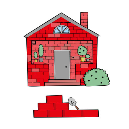 Brick house on white background Cute Cartoon Vector illustration.のイラスト素材