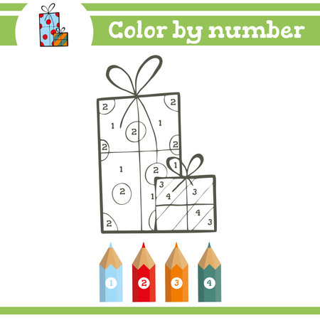 Christmas game Color by numbers. Coloring page for preschool children. Learn numbers for kindergartens. Educational game. Vector illustrationのイラスト素材