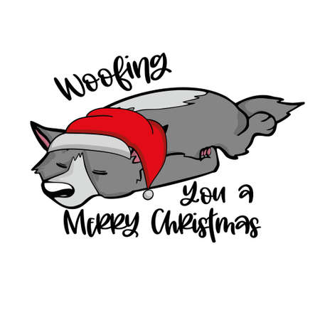 Christmas dog in santas hat with watercolor illustration . Vector illustration.のイラスト素材
