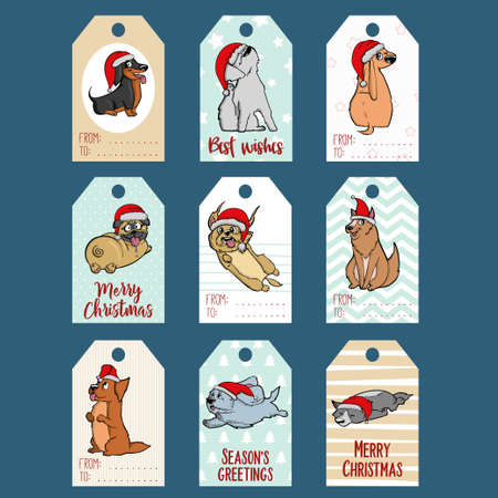 Set with Merry Christmas and Happy New Year vintage gift tags and cards with calligraphy. Handwritten lettering. Hand drawn design elements. Printable items . Vector illustrationのイラスト素材