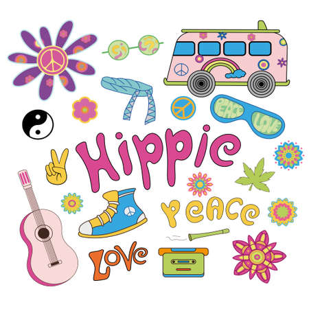 Stickers with hippie objects and symbols . Vector illustrationのイラスト素材