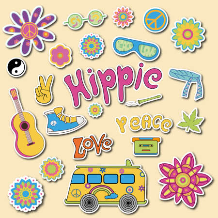 Set of hippie stickers Vector illustrationのイラスト素材