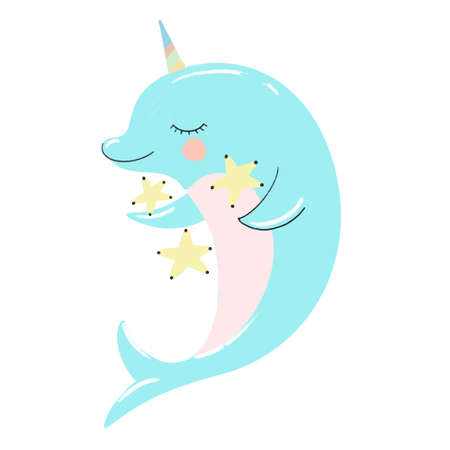 Cute narwhal on white isolated background. Vector illustrationのイラスト素材