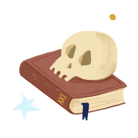 Cute skull on book on white isolated background. Vector illustrationのイラスト素材