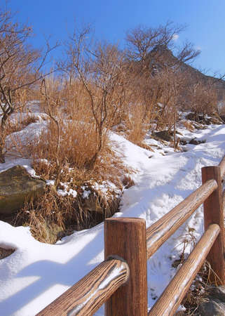 crater volcano with snow in winter in Japanの写真素材