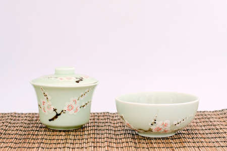 China tea cup and tea bowl with hand made artistic decorationの写真素材