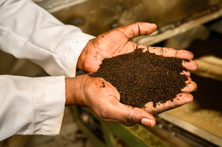 Factory worker holding freshly made black tea in his hands, Meru, Kenyaの写真素材