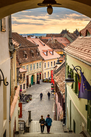 Evening view of old town of Sibiu, Romaniaの写真素材