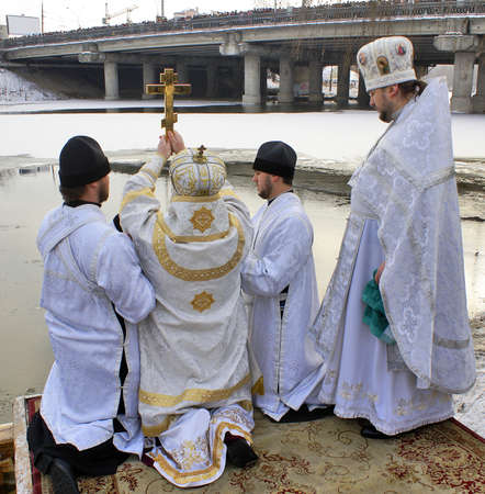 celebratory service on river Psel priests on the Sumy catedral Ukraine spend in holiday Christening Dominical on Janyaru19th.2012の写真素材