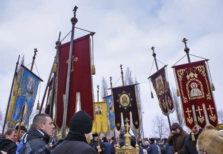 religious procession of parishioners on a holiday of a water Christening in Sumy Ukraine of Jeniary...