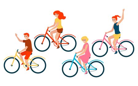 Happy family riding bikes. Father, mother and children daughters. Vector illustration isolated on...