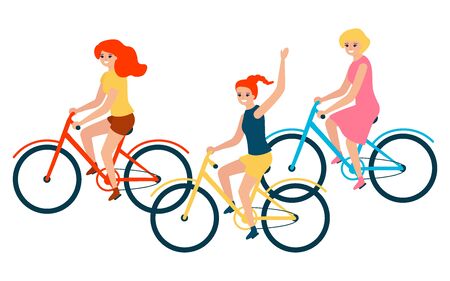 People women group riding on bicycle. Flat vector illustration.のイラスト素材