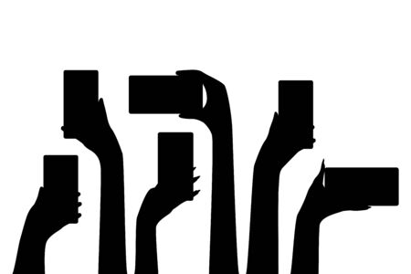 Hands of people with cell phones, black silhouette. Group of people men and women take photos, videos on smartphone. Record of an interesting, bright, shocking, memorable event, incident. Vectorのイラスト素材