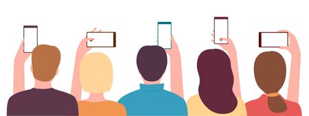 Group young people men and women holding smartphone, back view. People taking photo, video. Record of an interesting, bright, shocking, memorable event, incident. Vectorのイラスト素材
