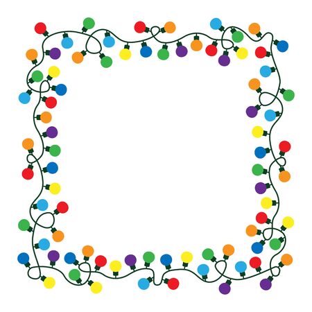 Glowing string bright color light bulb garlands border, frame. Vector illustration on white backgroundのイラスト素材