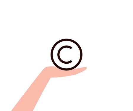 Copyright protection icon on human hand. Copyright and protection, intellectual property, property right, protected mark, license, limited use. Vector flat illustrationのイラスト素材