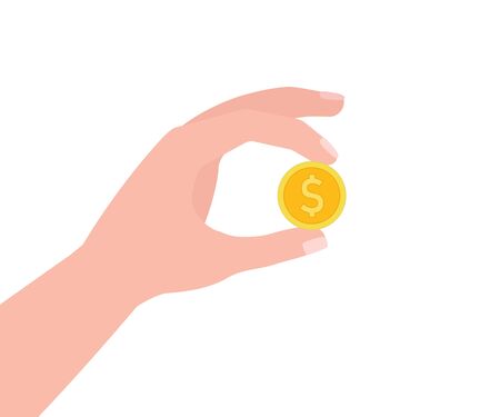 Human hand holding money coin dollar. Payment, cash, value, exchange, price. Vector illustration on white backgroundのイラスト素材