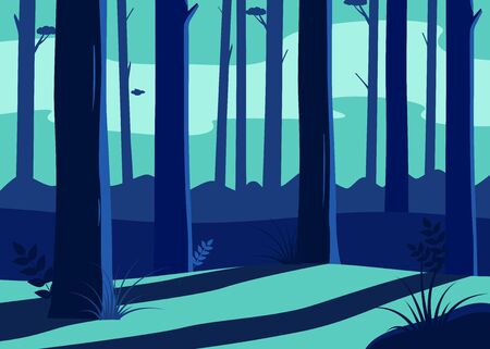 Landscape with blue forest. Tall trees and light through trees in forest. Sunset in forest, morning time. Vector illustrationのイラスト素材