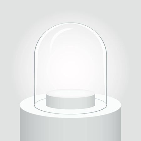 Empty transparent glass dome on podium for product. White gradient template mock up for exhibition, advertising and presentation. Vector illustration.のイラスト素材
