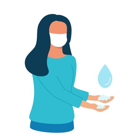 Woman washes her hands with soap. Prevention during flu epidemic, coronavirus. Girl observes hand hygiene. Vectorのイラスト素材