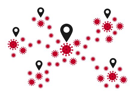 Virus moves, spreads from one location to another. Focal points. Uncontrolled proliferation of coronavirus epidemic. Vectorのイラスト素材