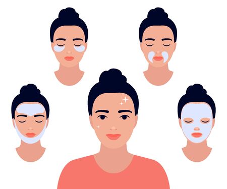 Woman face with different facial procedures. Relax with facial masks. Girl take care about her face. Spa beauty treatment, skin care, facial care. Beautiful woman with clean fresh skin. Vectorのイラスト素材