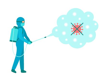 Worker men in blue hazmat suit cleaning and disinfecting virus. Coronavirus epidemic spray aerosol disinfection. Protection against spread of virus during pandemic to maintain health. Vectorのイラスト素材