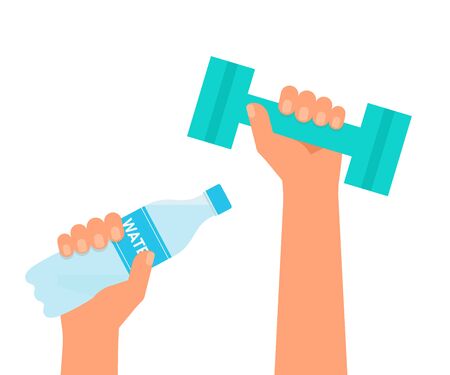 Hands hold dumbbell and bottle water. Time for sports during quarantine and isolation of house. Sport, healthy lifestyle, activity, gym, workout, recreation concept. Vector illustrationのイラスト素材