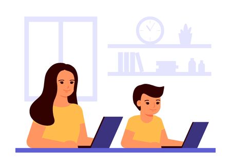 Work from home concept. Mother and child working on laptop. Family sits in room at table. Reading, education, playing on notebook. Vector illustrationのイラスト素材