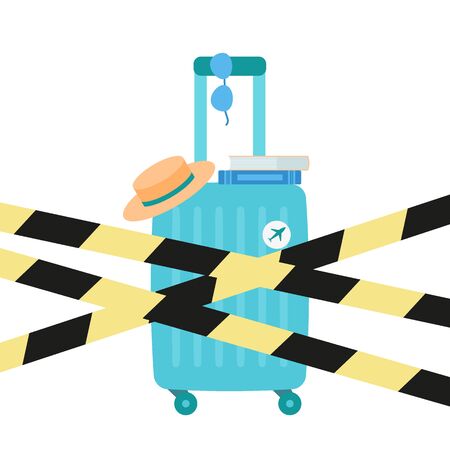 Travel ban. Restriction on movement. Suitcase for travel closed with warning tapes. Adventure with luggage. Plastic travel bag with various travel elements. Vectorのイラスト素材