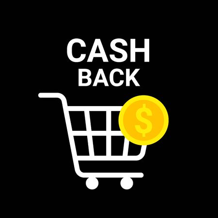 Cash back concept  . Coin with shopping cart. Vector illustration on black backgroundのイラスト素材