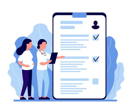 Young pregnant woman at consultation with doctor. Pregnancy monitoring, analysis, monitor health. Expectant mother, motherhood, single mother. Vector illustration flatのイラスト素材