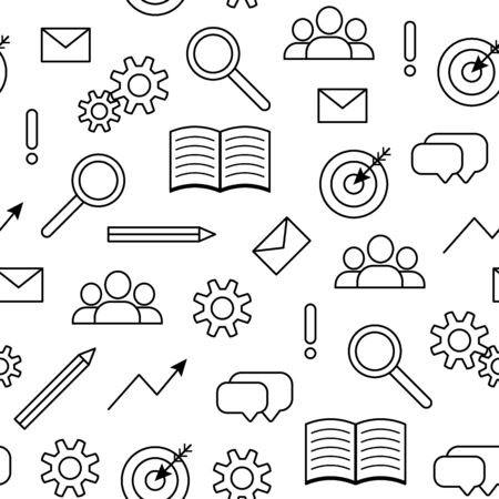 Line icons of business items, seamless pattern. Background business, planning, marketing, business relationships, team, achieving goals. Vector illustration templateのイラスト素材