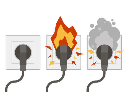 Fire wiring. Electric circuit of cable with fire, smoke, sparks. Sockets with cords. Socket and plug on fire from overload. Short circuit electrical circuit. Broken electrical connection. Vectorのイラスト素材