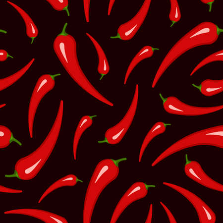 Red chili pepper seamless background. Pattern chili papper. Spicy fresh vegetable, healthy cooking ingredient. Ripe hot red chili peppers. Vector for wallpaper, textile, fabric on black backgroundのイラスト素材