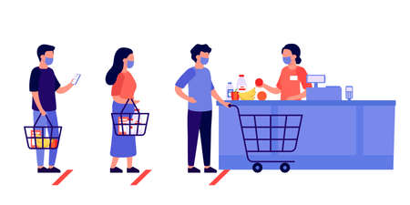 People shopping, queue. Social distancing in shop. Supermarket store counter cashier and buyers in...