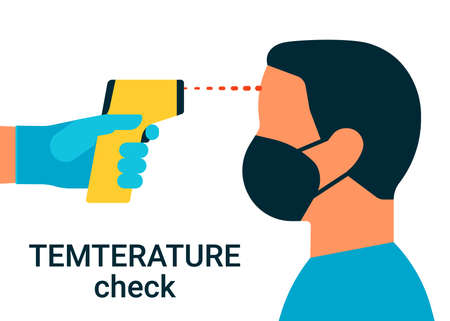 Check control body temperature. Hand with gloves holding distant thermometer. Man with protective respiratory mask on face. Coronavirus prevention. Vector flat illustration on white backgroundのイラスト素材
