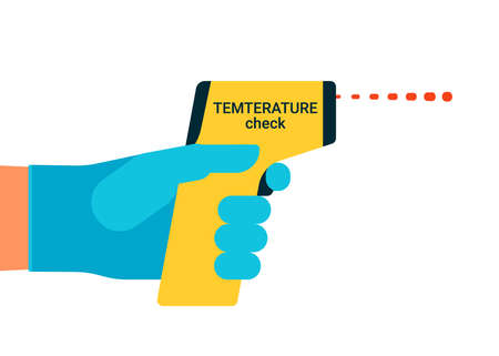 Check control body temperature. Hand with gloves holding distant thermometer. Coronavirus prevention. Vector flat illustration on white backgroundのイラスト素材