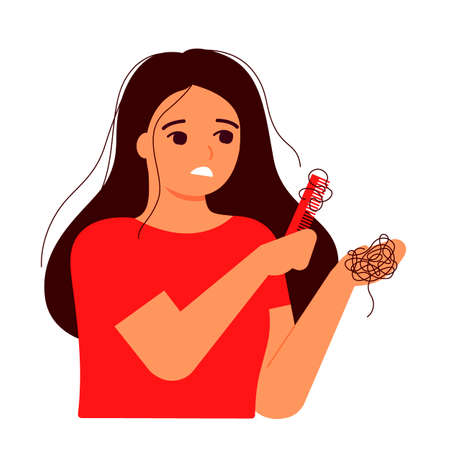 Girl combs her hair, hair on comb, fall. Hair loss, baldness, alopecia concept. Woman s thin hair is associated with problem, stress, hormones, nutrition. Vector flat illustrationのイラスト素材