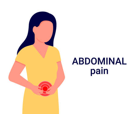 Female abdominal pain. Young woman holds her hands on her stomach. Stomach ache. Internal discomfort. Stomach, bowel or gynecological problems. Vector illustrationのイラスト素材