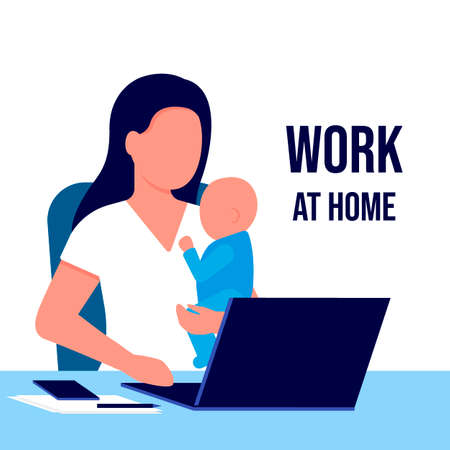 Mother with child working laptop at home. Working on maternity leave with baby in her arms. Combining motherhood and career. Vector illustrationのイラスト素材