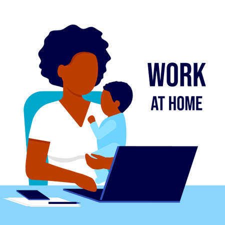 Mother african american black with child working laptop at home. Working on maternity leave with baby in her arms. Combining motherhood and career. Vector illustrationのイラスト素材