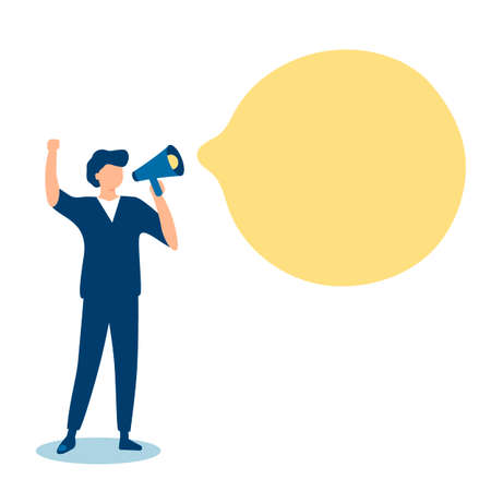 Businessman communicates through megaphone. Announcement, information, notification. Message business people with speach bubble. Vector illustrationのイラスト素材