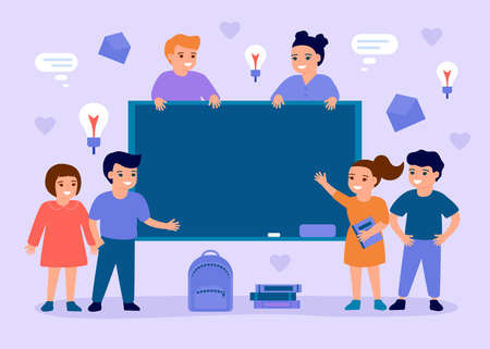 Children in class at chalkboard. Back to school concept. Learning and education of boys and girls. Vector flat illustrationのイラスト素材