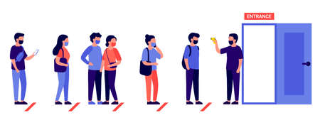 Line of people is waiting. Temperature check. Group of people keep their distance with respiratory masks. Queue to entrance, to interview vacancy, to open, to travel, to visit doctor. Vector flatのイラスト素材