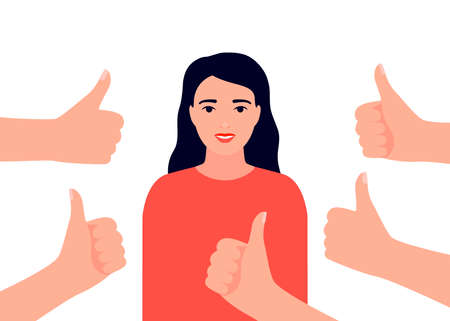 Happy beautiful woman collects like. Smiling girl surrounds hands showing thumbs up. Social approval, positive feedback, acceptance success concept. Vector flat illustrationのイラスト素材