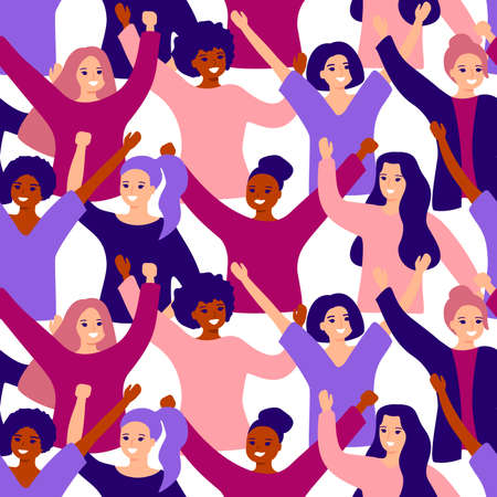 Happy group female of different ethnicity. International womens day. Women empowerment movement. Vector flat illustrationのイラスト素材